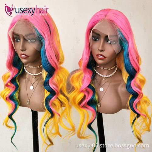 Color perruque-bresilien lac wig supplies virgin hd lace european hair wavy wigs human hair lace front extensions rainbow wig